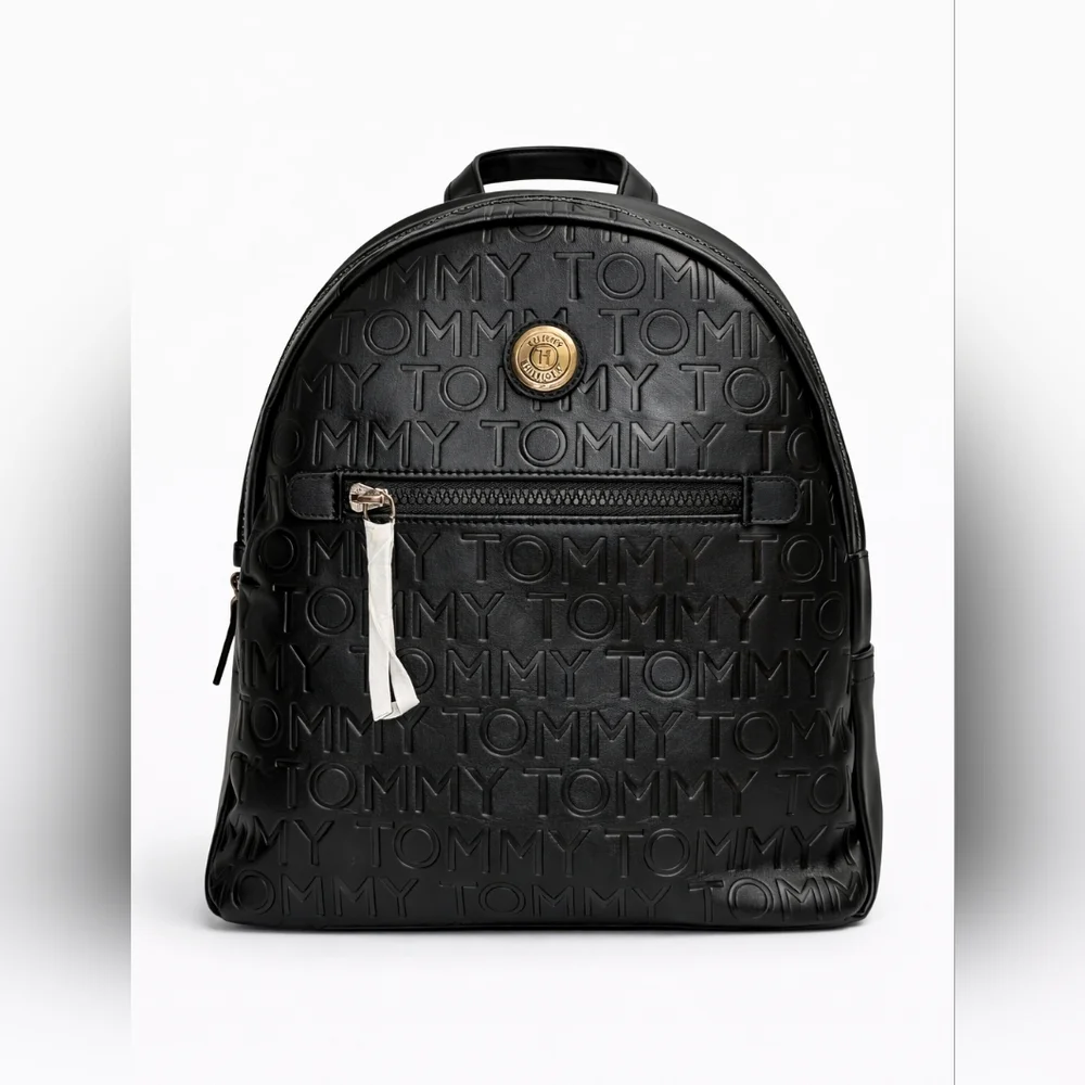 Tommy Hilfiger Black Embossed Backpack | Gold Logo | Zipper Closure | NWT Medium - Picture 2 of 7